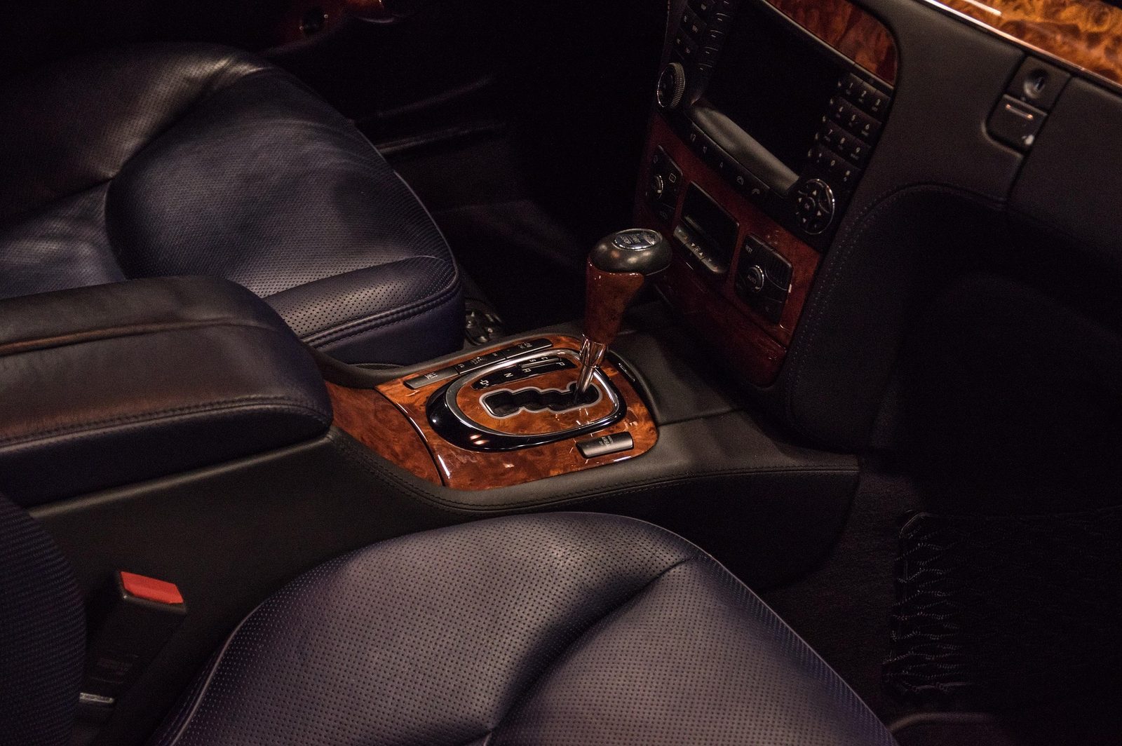 Premium Mercedes interior — leather seats and wood console