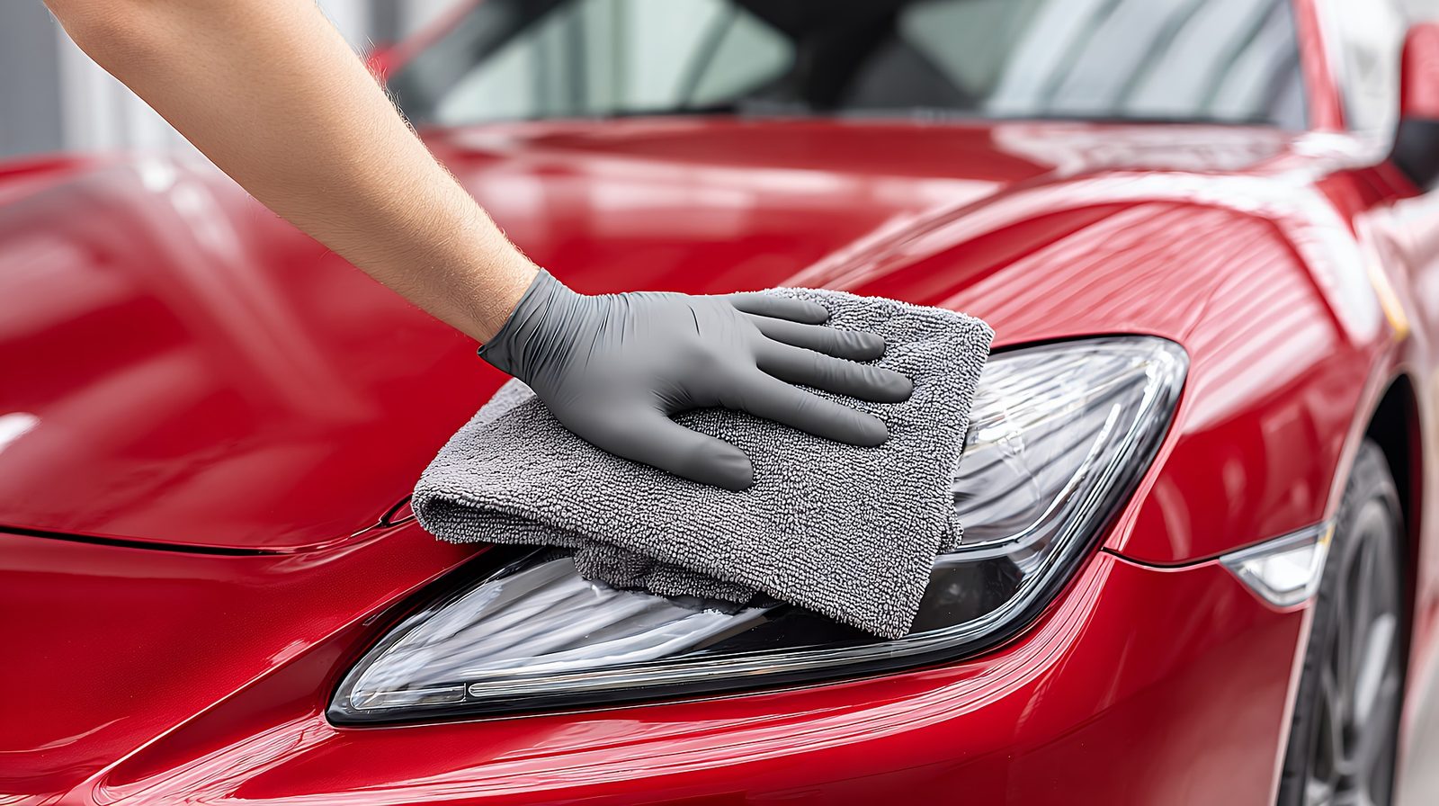 Red supercar being detailed with a microfiber towel