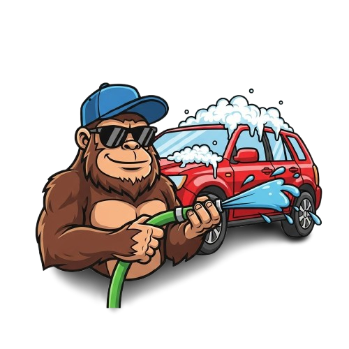 Sasquatch mascot wearing a blue cap and sunglasses, washing a red car with a green hose